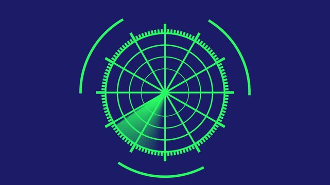 Green radar icon animation on dark background. Military search system. HUD radar display. Vector illustration. 3d video.
