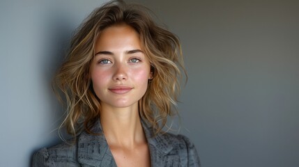Fototapeta premium Portrait of a Confident Young Woman with Natural Beauty, Wavy Blonde Hair, and Expressive Eyes