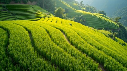 Lush green terraced rice fields in mountainous landscape