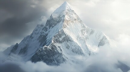 Obraz premium Beautiful landscape of snow-capped mountains surrounded by fog or clouds. Panoramic view of mountainous area with peaks. Illustration for cover, card, interior design, poster, brochure or presentation