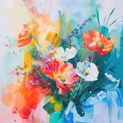 Watercolor style painting of a field of flowers. Floral illustration for cover, card, postcard, interior design, decor or print.
