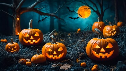 Decoratively Carved Pumpkins Illuminate a Spooky Forest Landscape During Halloween Night
