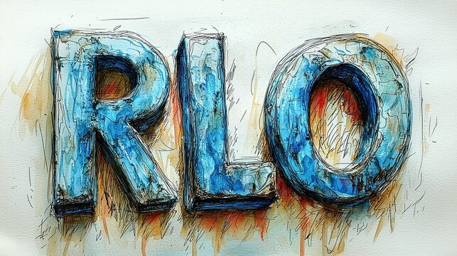 Large blue 'RLO' letters with a watercolor texture create a dynamic artistic scene, the rough background enhancing the visual intensity and abstract feel.