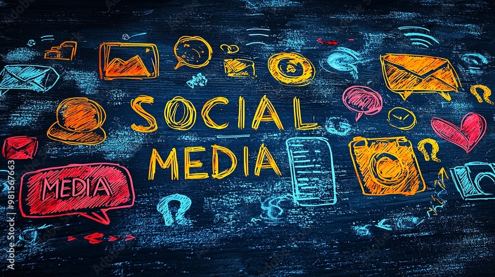 Poster sketchy 'social media' text along with various icons on a dark chalkboard background, symbolizing th