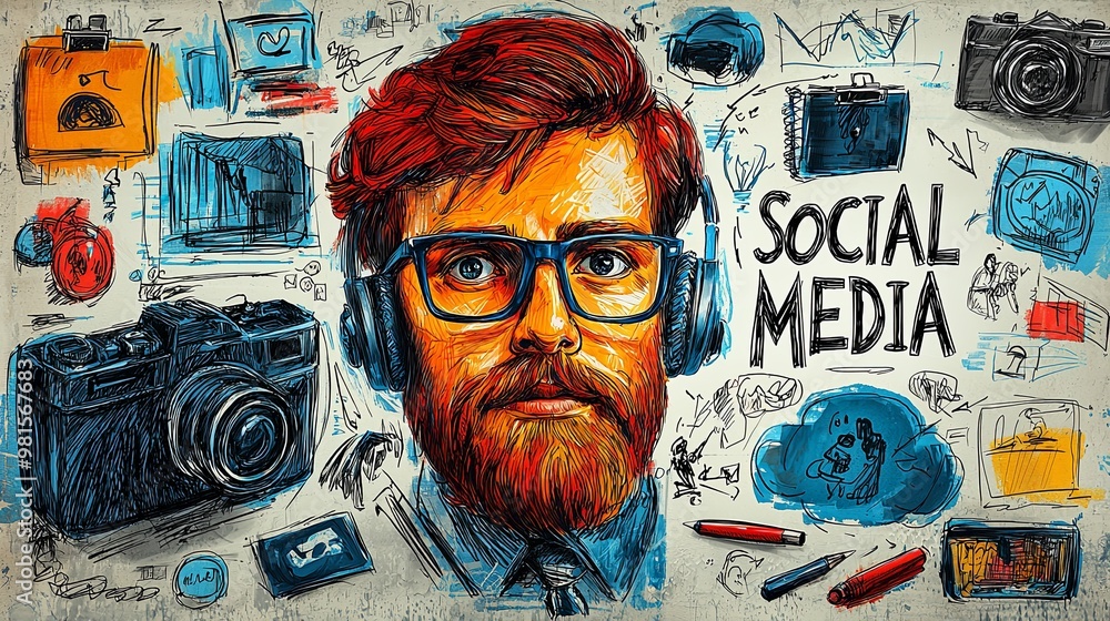 Poster a blurred reddish head is surrounded by 'social media' text and various sketches, representing the i
