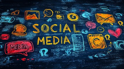 Fototapeta premium Sketchy 'Social Media' text along with various icons on a dark chalkboard background, symbolizing the prevalence and complexity of social media in modern life.