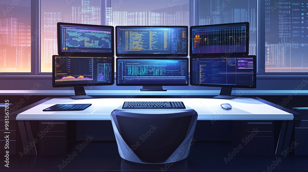 Poster a modern office desk with six computer monitors displaying graphs, charts, and code, set against a c