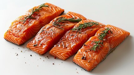 Four Fresh Salmon Fillets, Seasoned with Herbs and Spices, Ready to Cook. Healthy Food Concept.