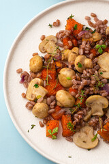 Pearl Barley Porridge or Italian Orzotto with mushrooms, baked pumpkin and thyme, aromatic herbs. Autumn and winter healthy Orzotto, whole grain, barley provides fiber, vitamins, minerals, close up 