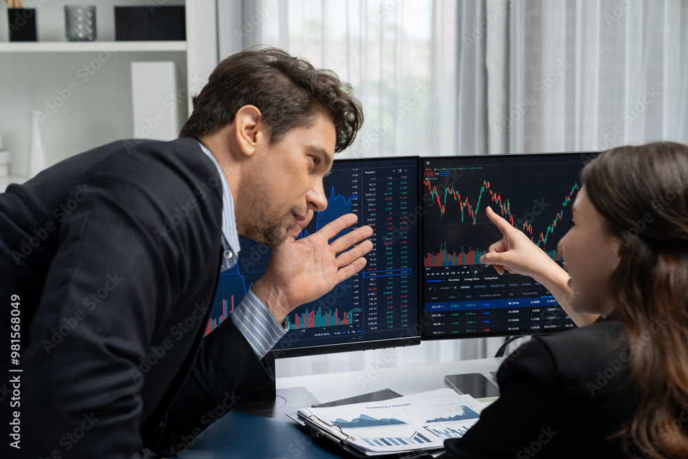 Poster two business traders discussing on dynamic stock market in currency rate investment trading on two p