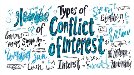 An engaging image using blue typography to highlight the concept of 'Types of Conflict of Interest'. Various handwritten words add texture to the vibrant theme.