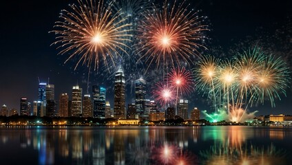 Stunning holiday fireworks over a city skyline and water reflections