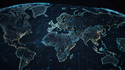 Abstract gray world map on dark blue background representing global connectivity and geography.Generative.Ai
