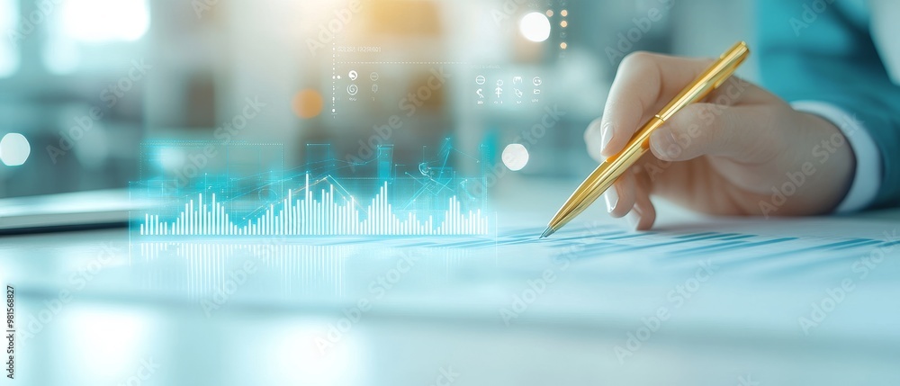 Poster a hand using a golden pen writes on paper, with digital graphs and data visualizations overlaying th