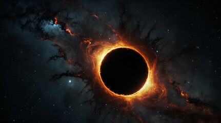Cosmic scene with a central black hole surrounded by a luminous accretion disk, emitting intense light and power
