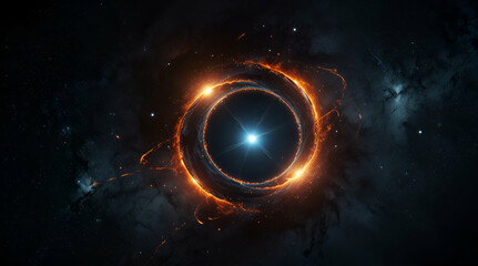 Cosmic scene with a central black hole surrounded by a luminous accretion disk, emitting intense light and power
