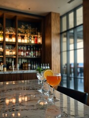 Stylish airport lounge bar with marble countertops and premium drinks.
