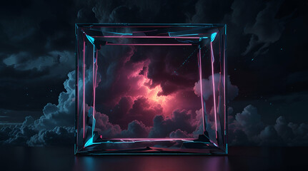3D Render of neon geometric shape rhombus frame in futuristic abstract background with stormy sky
