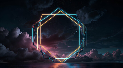 3D Render of neon geometric shape rhombus frame in futuristic abstract background with stormy sky
