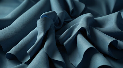 3D Render, abstract background with folded textile ruffle, blue cloth macro, wavy fashion wallpaper
