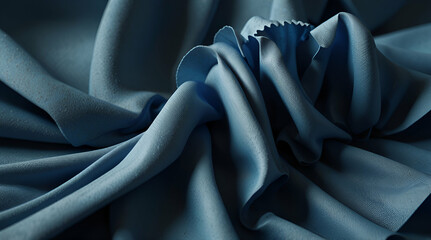3D Render, abstract background with folded textile ruffle, blue cloth macro, wavy fashion wallpaper
