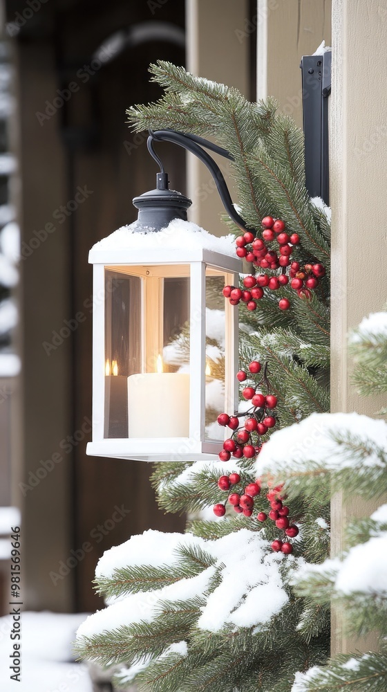 Sticker A white lantern glows softly with a candle inside, accented by red berries and pine branches, set against a wintery scene of snow-covered foliage