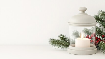 A white lantern glows softly with a candle inside, accented by red berries and pine branches, set against a wintery scene of snow-covered foliage.