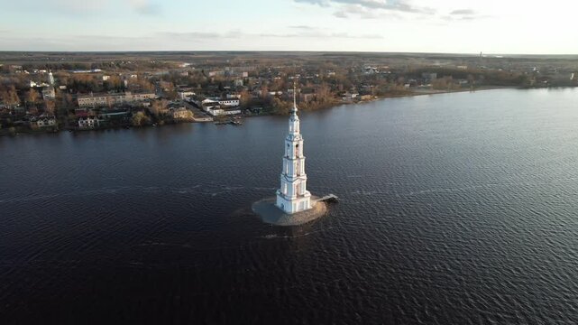 Aerial view of the bell tower in Kalyazin Bell tower of St. Nicholas Cathedral (known as the flooded bell tower), 