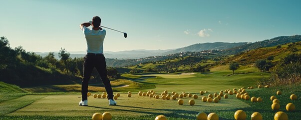 Man golfing on a scenic course with scattered golf balls during a sunny day on the green