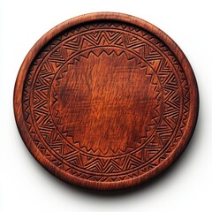 Fototapeta premium A beautifully crafted wooden round plate featuring intricate geometric carvings, perfect for decor or dining, white background