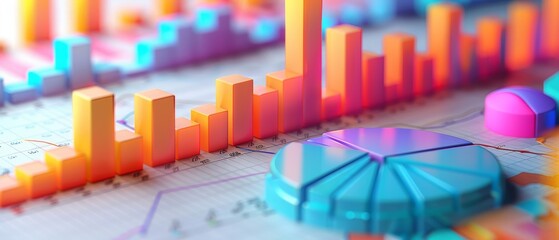 Fototapeta premium A colorful 3D visualization of bar and pie charts depicting data analysis and statistics.