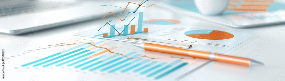 Poster a close-up view of colorful charts, graphs, and a pen, depicting data analysis on a workspace.
