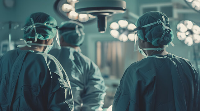 Surgeon and anesthetist doctor ER surgical team with a medical clinic room background for emergency nursing care professional teamwork and patient trust in ICU hospital's hospitality concept