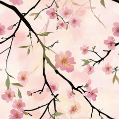Fototapeta premium Seamless texture with cherry blossom branches on pink background for wallpaper or fabric design