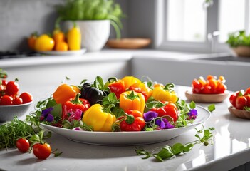 vibrant allergen free dish displayed clean kitchen surface featuring fresh ingredients colorful presentation, food, meal, healthy, vegetables, fruits, herbs