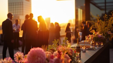 Close-up of a sunset dining setup outdoors, featuring glasses of wine and plates of gourmet food with people socializing in the background. Birthday, corporate party celebration.