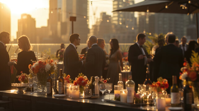 A romantic outdoor roof top dining setting as the sun sets, with guests enjoying the ambiance of warm candlelight and city views. Birthday, corporate party celebration.