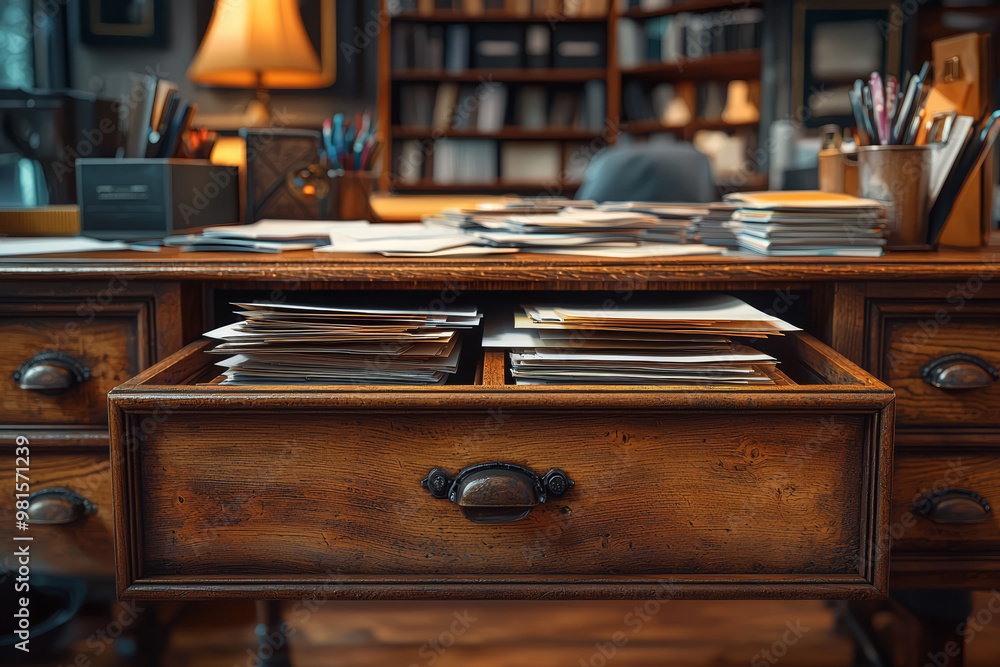 Poster an office desk with an endless drawer, where papers and files keep appearing, showcasing the overwhe