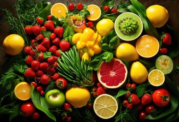 Obraz premium vibrant colorful food display featuring bold textures fresh ingredients eye catching arrangement, assortment, appetizing, artsy, bright, buffet, catering
