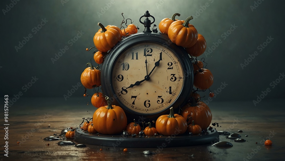 Poster surreal clock with melting numbers and floating pumpkins.