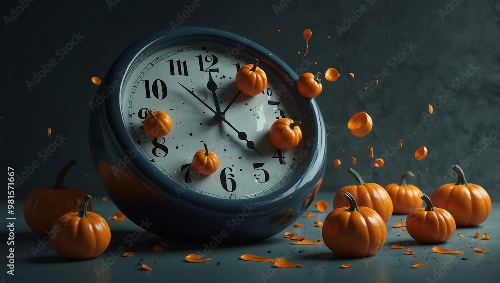 Poster surreal clock with melting numbers and floating pumpkins.