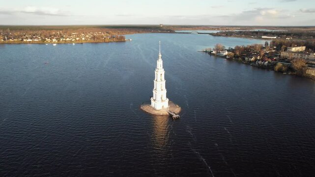 Aerial view of the bell tower in Kalyazin Bell tower of St. Nicholas Cathedral (known as the flooded bell tower), 