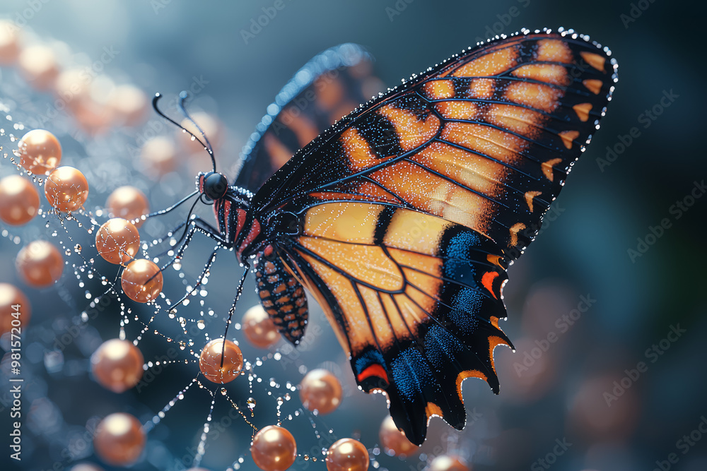 Poster a spider web made of strings of pearls, with a butterfly caught in it, symbolizing the entrapment of