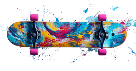 Vibrant Artistic Skateboard on Transparent Background with Color Splashes