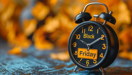 Black Friday sale alarm clock with a yellow tag on a golden background. Black Friday sale concept.