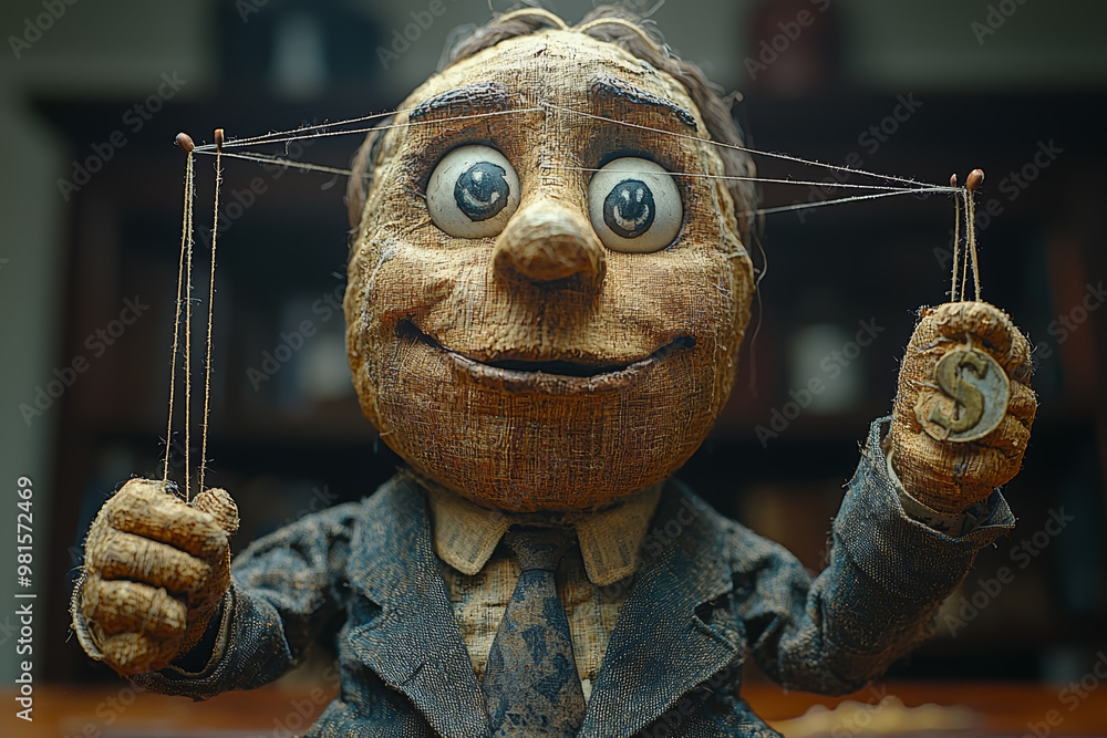 Poster a puppet with strings connected not to a puppeteer, but to a dollar sign, symbolizing the control of