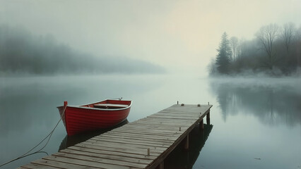 Red Boat at the End of a Wooden Dock in Fog