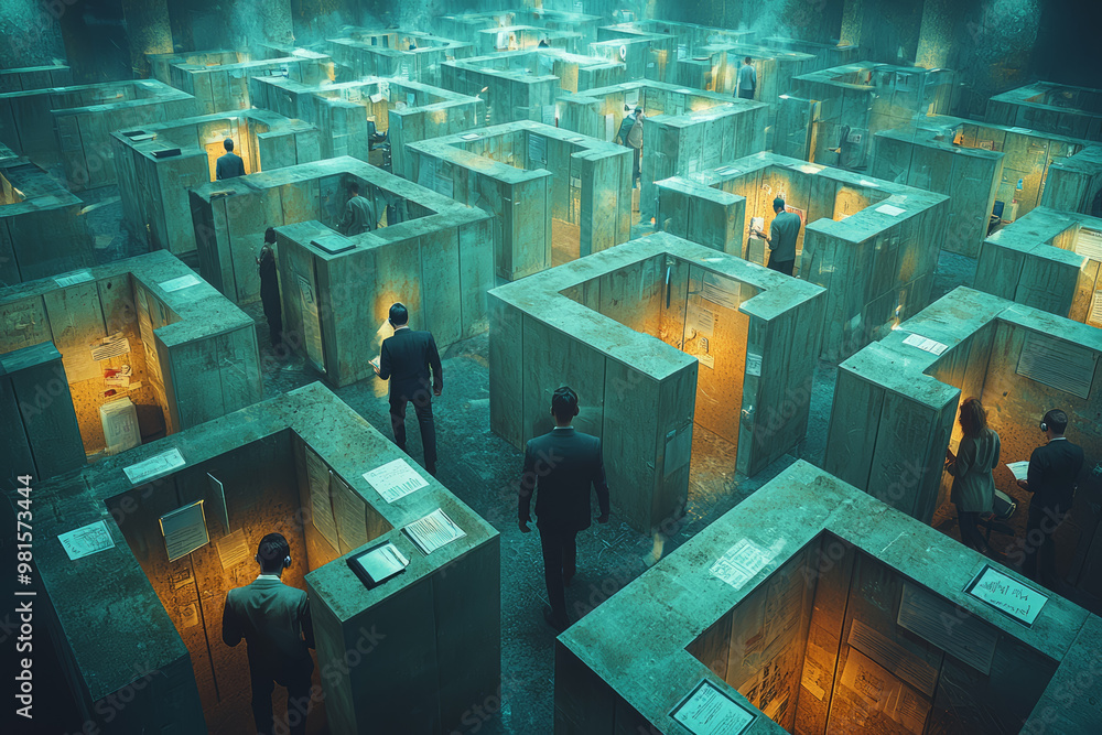 Poster a maze made of office cubicles with employees navigating through, depicting the complexity of corpor