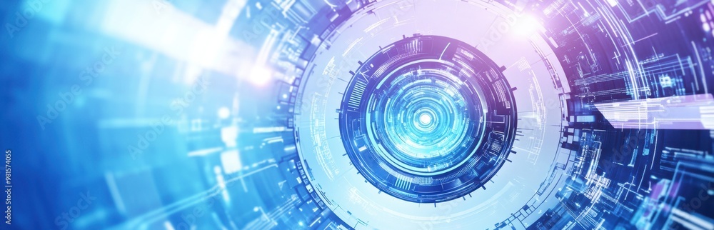 Poster blue and white background with futuristic circular elements, including gears and arrows the center o