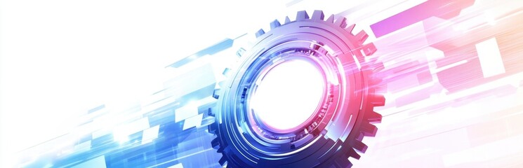 Obraz premium Abstract futuristic background with digital technology elements, in a blue and purple color scheme A white circle in the center of an abstract gear wheel surrounded by arrows pointing up Generative AI